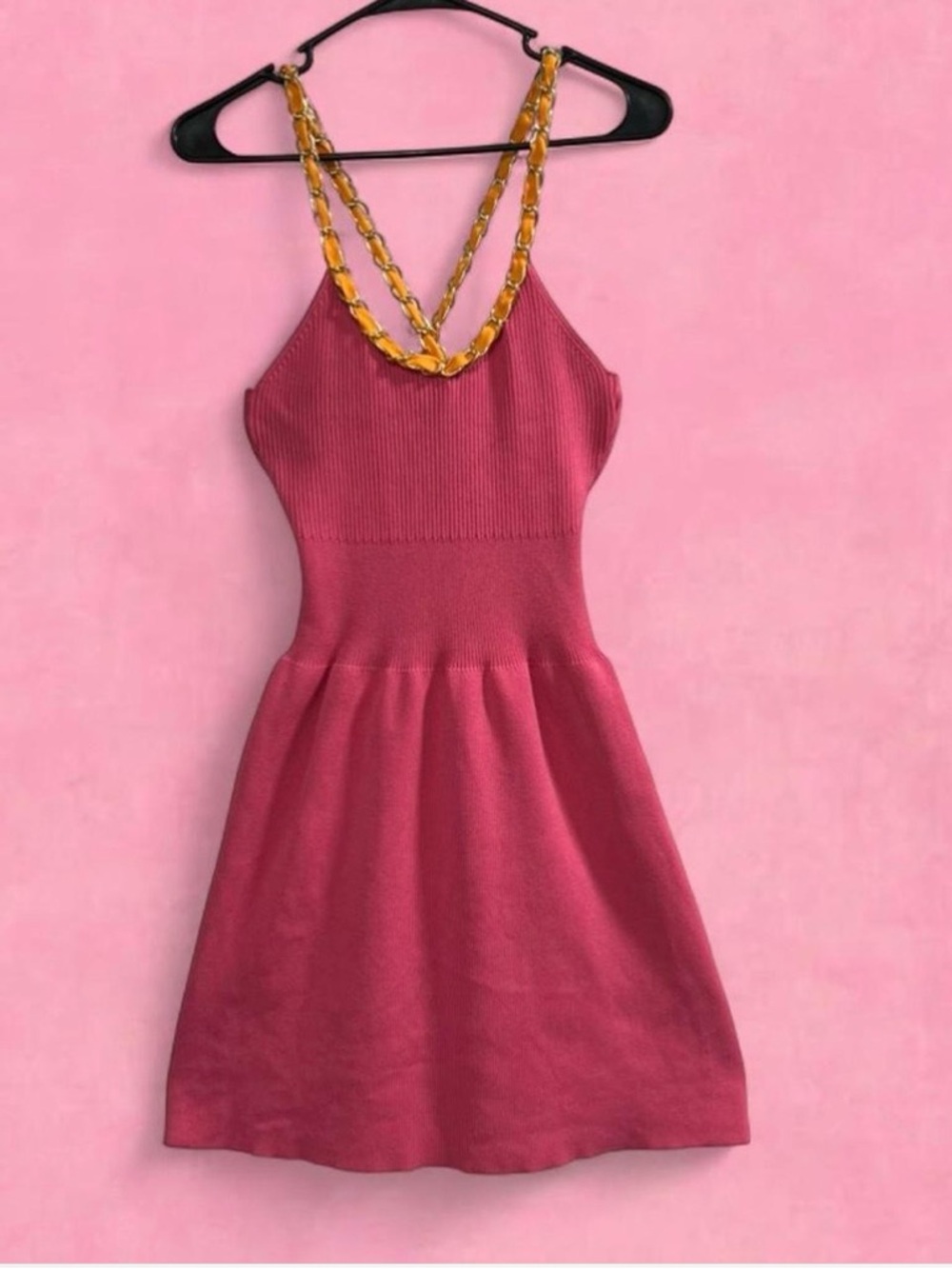 Zara Pink Sleeveless Knitted A-Line Mini Dress with orange and gold chain Trim - Picture 2 of 7